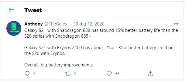 Thời lượng pin Galaxy S21 dùng chip Exynos 2100 có thể cải thiện 35% so với thế hệ tiền nhiệm