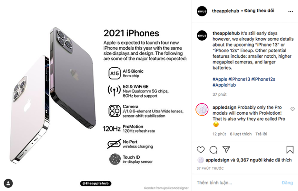iPhone 13 (2021) rò rỉ thông tin: Chip A15 Bionic, màn hình 120Hz, Touch ID dưới màn hình