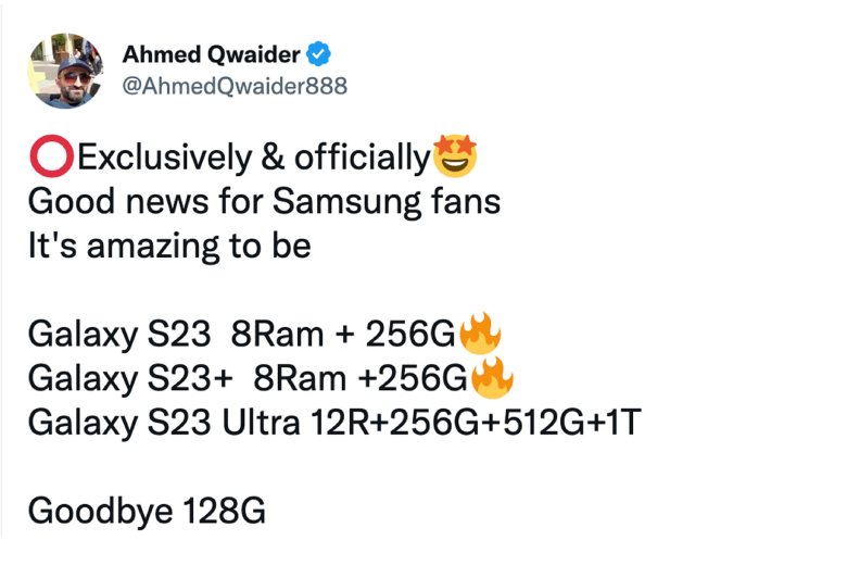 Tùy chọn bộ nhớ của Galaxy S23 bài đăng trên Twiter