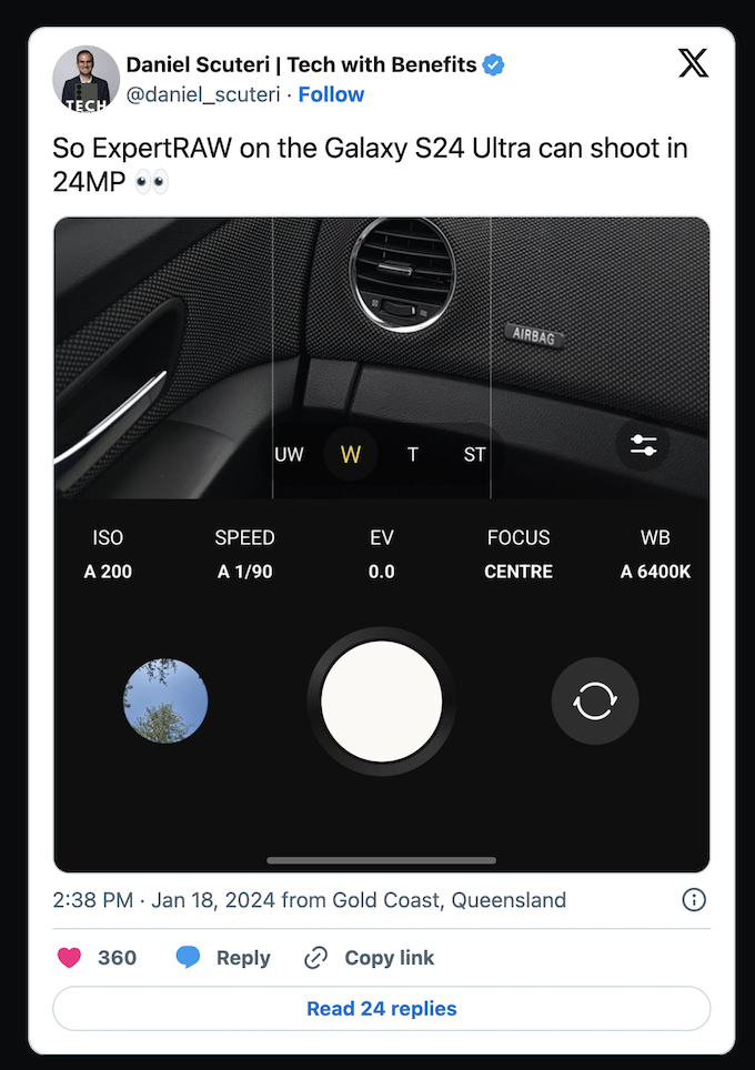 Samsung Galaxy S24 Ultra có thể lưu ảnh từ 12, 24 và 50MP dưới dạng ảnh RAW