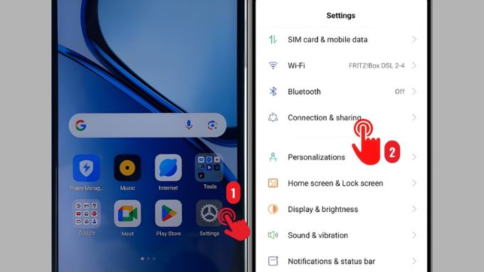 Cách bật chia sẻ 4G trên realme trong cài đặt bước 1