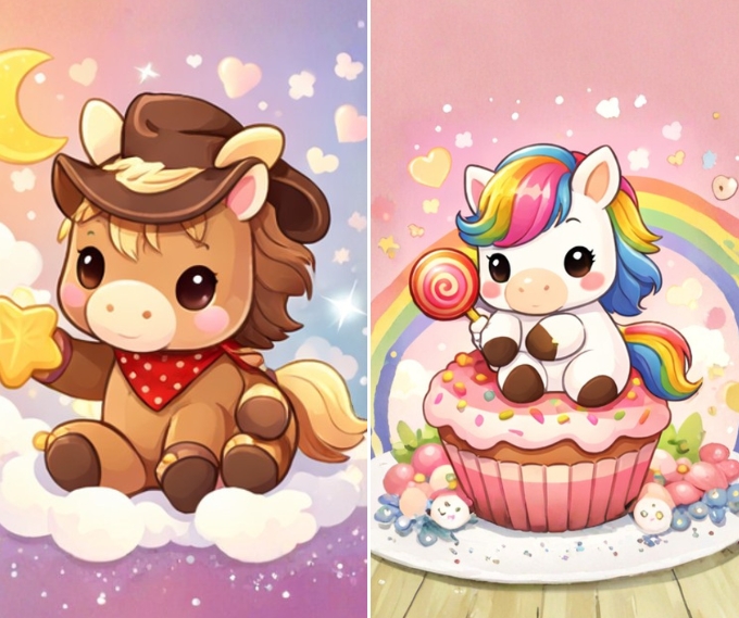 Hình nền con ngựa Chibi cute với đôi mắt to tròn, biểu cảm đáng yêu và màu sắc tươi sáng