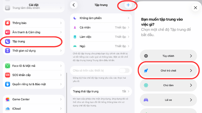 Giao diện cài đặt Chế độ Chơi trò chơi trong mục Tập trung trên iPhone.