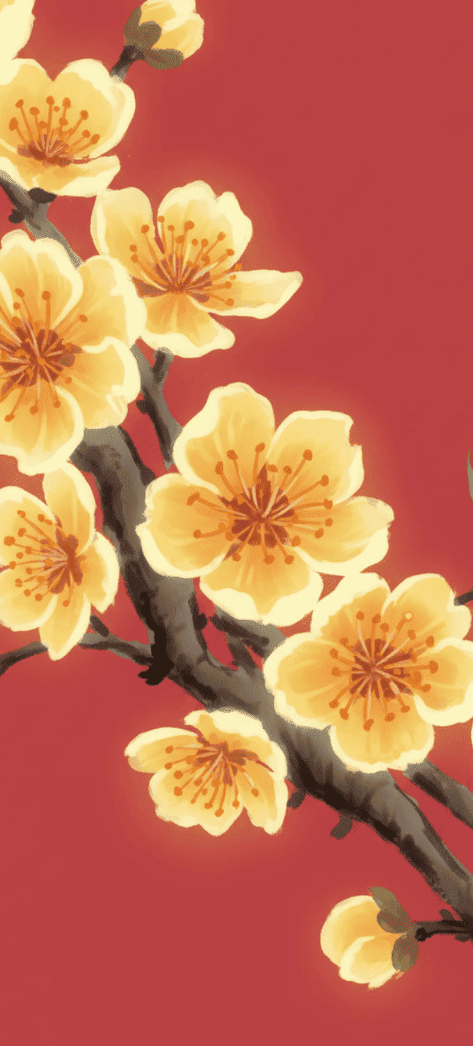 Hình nền Tết nền đỏ, hoa cỏ mùa xuân 4