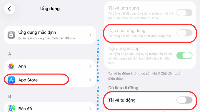 Mục App Store trên iPhone với tùy chọn cập nhật tự động đã tắt.