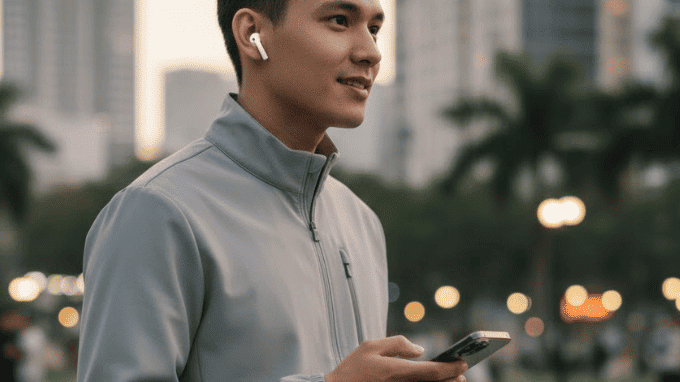 Người trẻ đeo tai nghe Bluetooth khi di chuyển ngoài trời