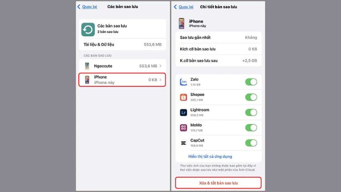tắt tính năng sao lưu ứng dụng trên iCloud