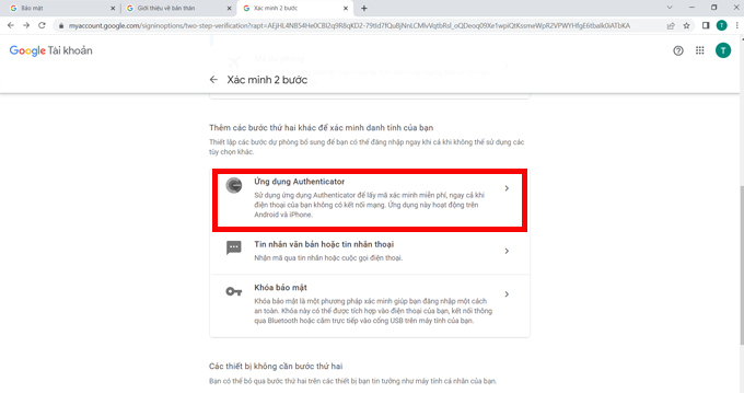 Cách bật xác thực 2 yếu tố trên tài khoản Google Authenticator bước 1 chọn ứng dụng Google Authenticator