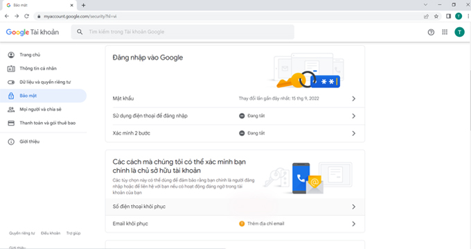 Cách bật xác thực 2 yếu tố trên tài khoản Google Prompt bước 2 chọn bảo mật