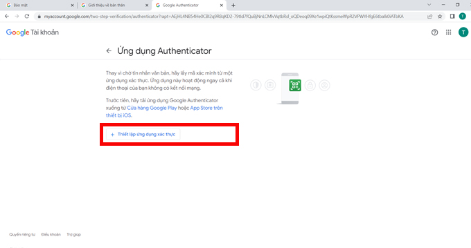 Cách bật xác thực 2 yếu tố trên tài khoản Google Authenticator bước 2 chọn thiết lập