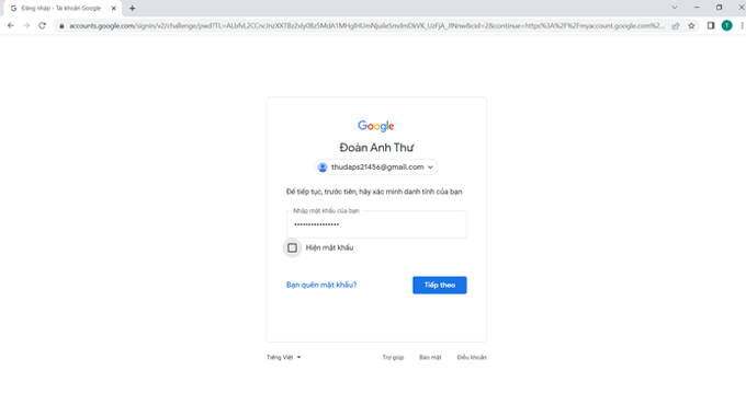 Cách bật xác thực 2 yếu tố trên tài khoản Google Prompt bước 3 nhập mật khẩu