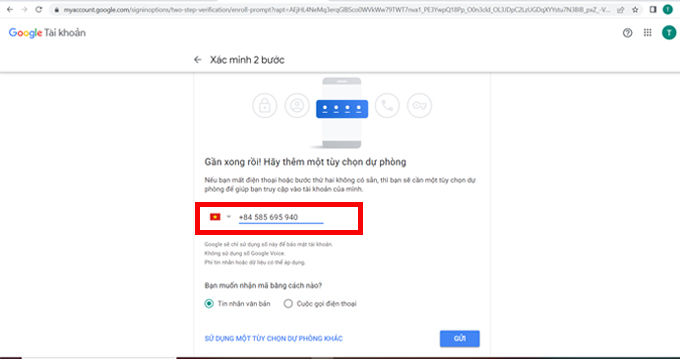 Cách bật xác thực 2 yếu tố trên tài khoản Google Prompt bước 5 cách 1 xác minh qua số điện thoại