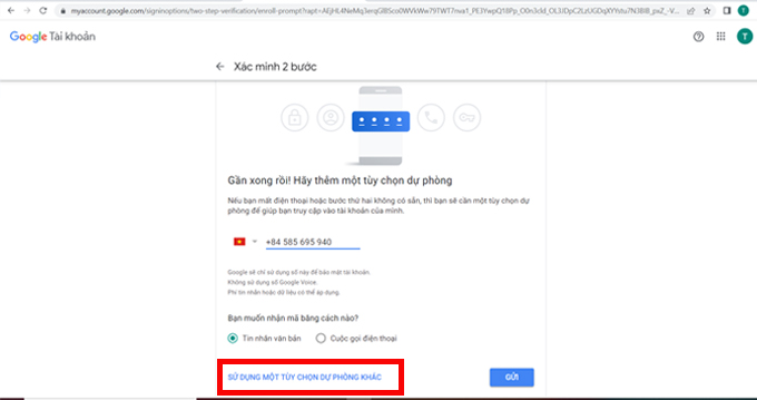 Cách bật xác thực 2 yếu tố trên tài khoản Google Prompt bước 5 cách 2 qua mã dự phòng