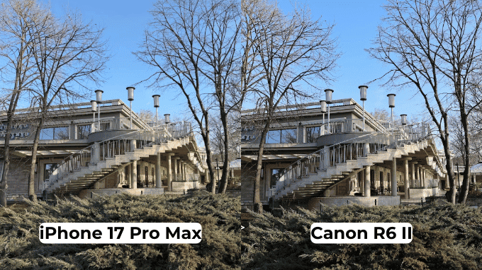 Canon R6 II màu chuẩn, trong khi iPhone 17 Pro màu rực rỡ sống động.