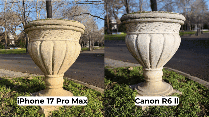 Cảm biến Full-frame giúp Canon R6 II có bokeh mềm hơn hẳn iPhone 17 Pro.