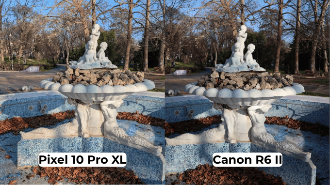 Chi tiết mềm mại Canon R6 II so với độ nét gắt Pixel 10 Pro XL.