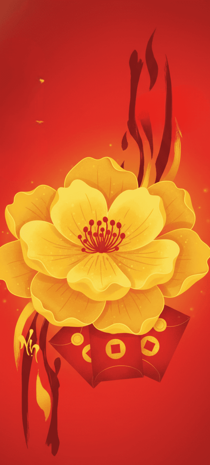 Hình nền hoa mai vẽ đồ họa phong cách truyền thống