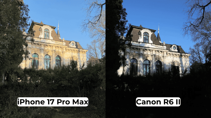 iPhone 17 Pro thiên tông ấm nịnh mắt, Canon R6 II tông lạnh thực tế hơn.