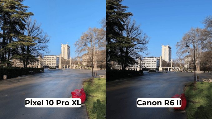 Pixel 10 Pro XL xử lý HDR tốt hơn Canon R6 II bị cháy sáng.