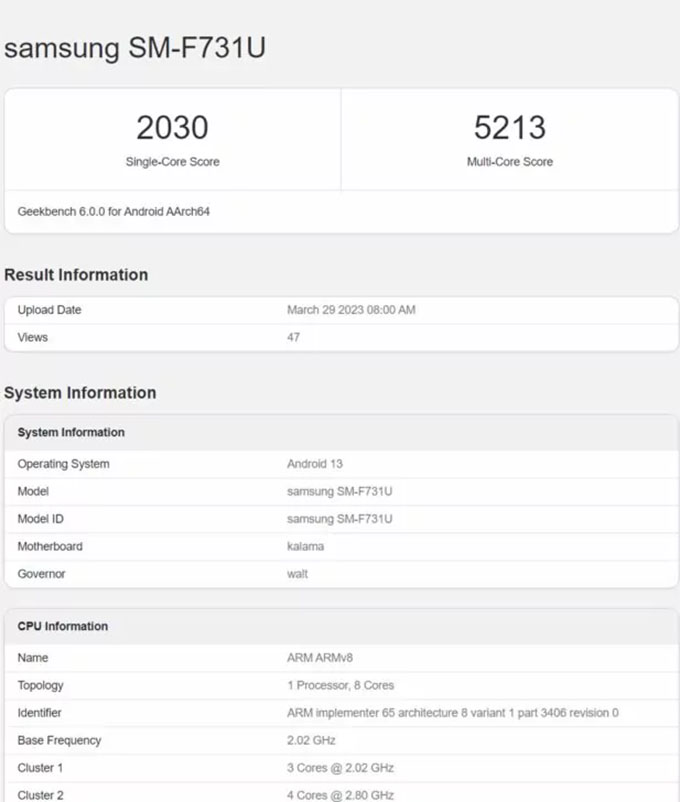 Điểm chuẩn Galaxy Z Flip 5 trên Geekbench
