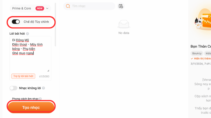 Nhập mô tả để AI làm nhạc theo yêu cầu.