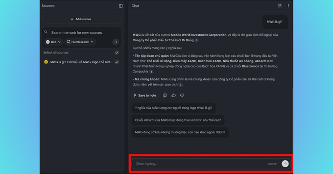 Hướng dẫn sử dụng NotebookLM chi tiết bước 3 Tương tác và đặt câu hỏi với trợ lý AI từ khung chat