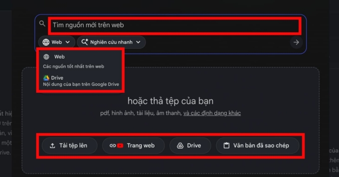 Hướng dẫn sử dụng NotebookLM chi tiết bước 2 tải tài liệu lên (Sources) Hệ thống hỗ trợ đa dạng định dạng nguồn bao gồm tệp PDF, Google Docs, văn bản thuần túy, URL trang web và cả liên kết video YouTube.