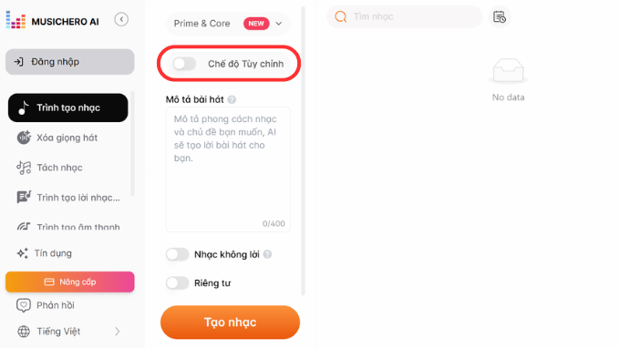 Nút tạo nhạc ngay trên công cụ MusicHero sáng tác nhạc bằng AI.