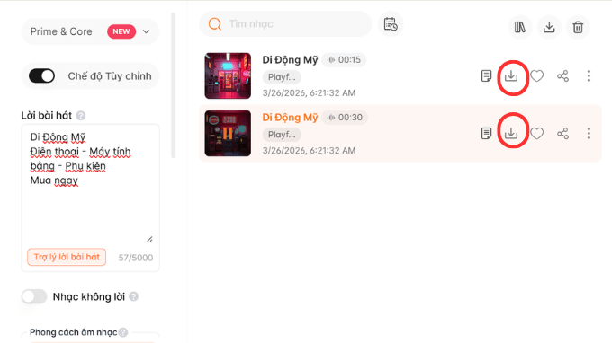 Tải xuống bản nhạc hoàn chỉnh sau khi tạo nhạc bằng AI.