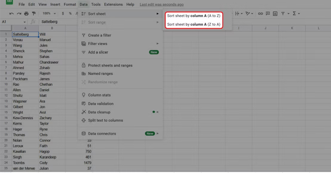 Cách sắp xếp thứ tự bảng chữ cái trong Google Sheets trên máy tính chọn A đến Z