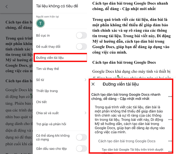 cách tạo dàn bài trong Google Docs trên điện thoại chọn xem dàn bài