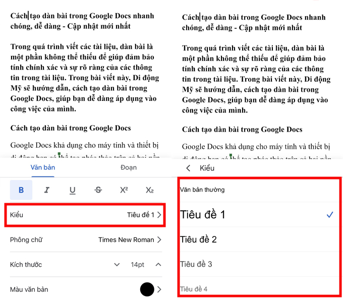 cách tạo dàn bài trong Google Docs trên điện thoại chọn tiêu đề
