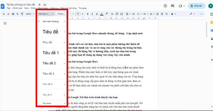 cách tạo dàn bài trong Google Docs chọn văn bản thông thường và chọn kiểu tiêu đề