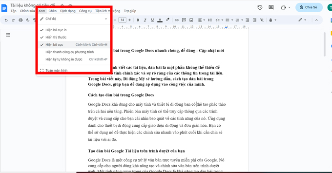 cách tạo dàn bài trong Google Docs chọn xem và chọn hiện bố cục