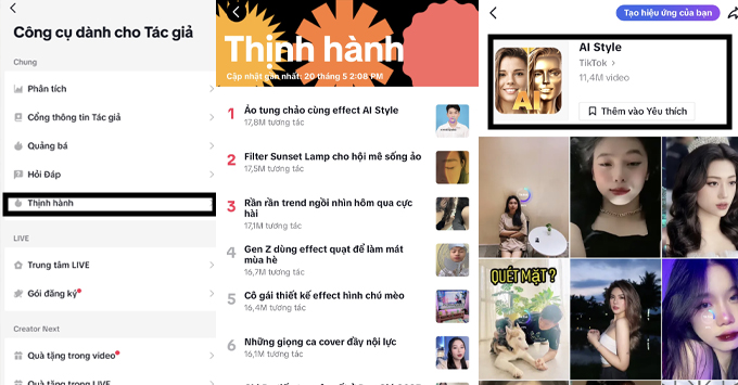 tìm filter trên TikTok cách 2 tìm filter trên TikTok tại mục thịnh hành chọn filleter hottrend và chọn sử dụng hiệu ứng này