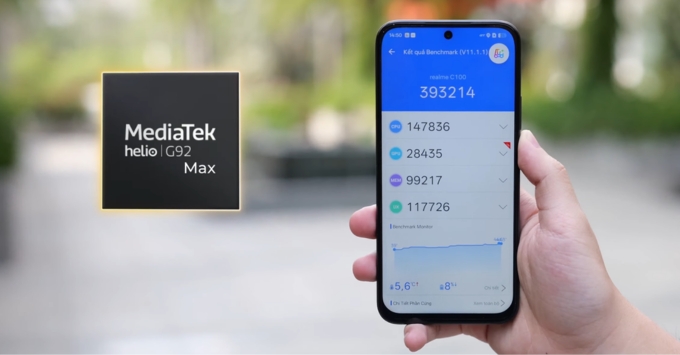 realme C100 sử dụng chip MediaTek Helio G92 Max 8 nhân, GPU Mali-G52 1GHz, RAM 8GB LPDDR4X cùng bộ nhớ trong 256GB hỗ trợ mở rộng thẻ nhớ, mang lại hiệu năng ổn định cho gaming và đa nhiệm.