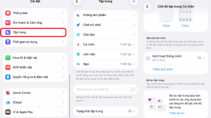 Thiết lập chế độ tập trung trên iOS trong phần Cài đặt, tùy chỉnh chi tiết theo nhu cầu cá nhân
