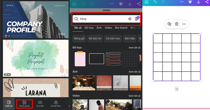 Cách tạo bảng trong Canva trên điện thoại bước tạo bảng