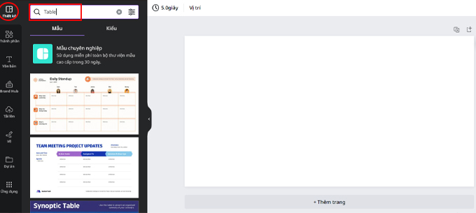 Cách tạo bảng trong Canva trên máy tính bước chọn bảng