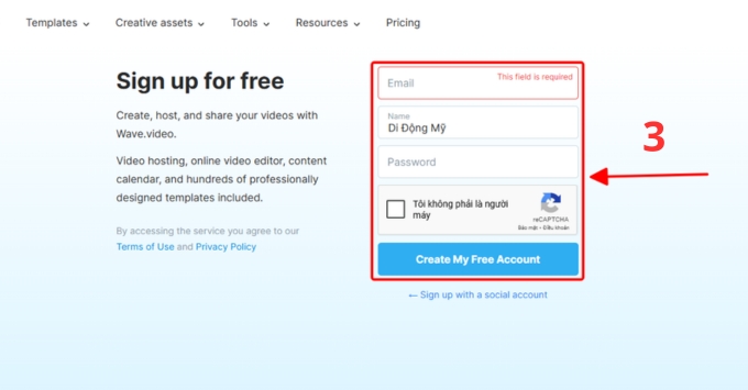 Điền thông tin và xác nhận email để đăng ký Wave video