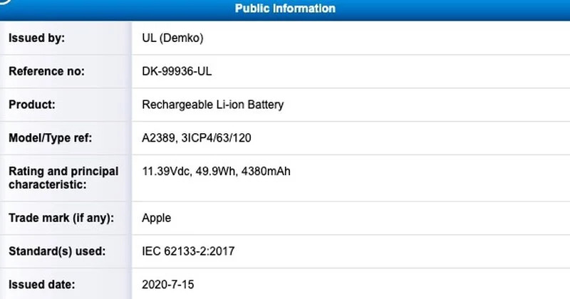 Chứng nhận pin mới MacBook Air