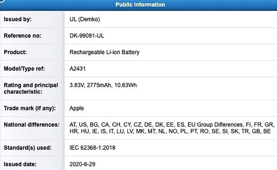 Thông tin pin iPhone 12 Max và iPhone 12 Pro mã hiệu A2431