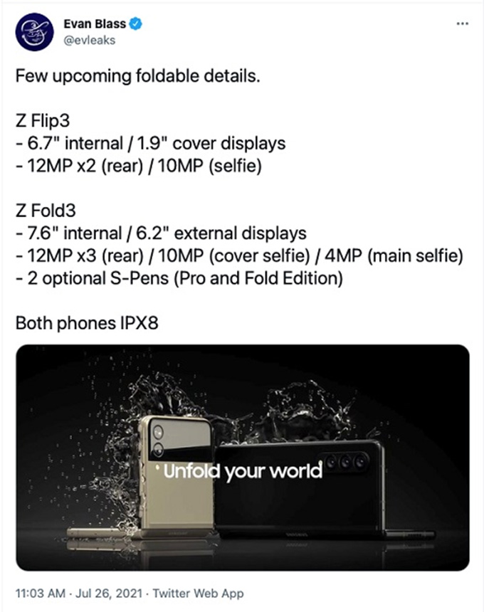 Thông tin màn hình, camera của Galaxy Z Fold 3 và Galaxy Z Flip 3 chính thức được xác nhận