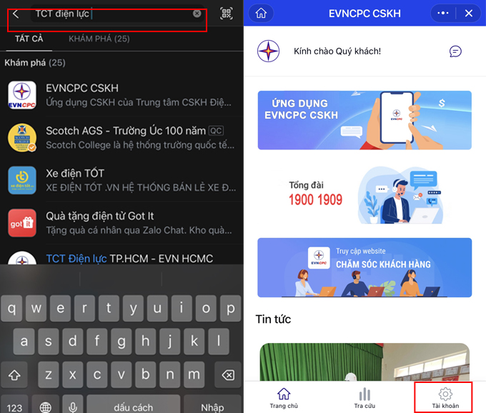 Cách tra cứu hóa đơn tiền điện online bằng zalo bước tìm trang của điện lực EVNCPC