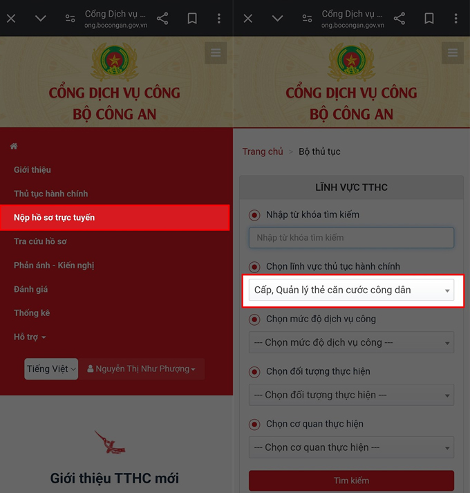 Cách đăng ký CCCD online chọn loại và điền thông tin