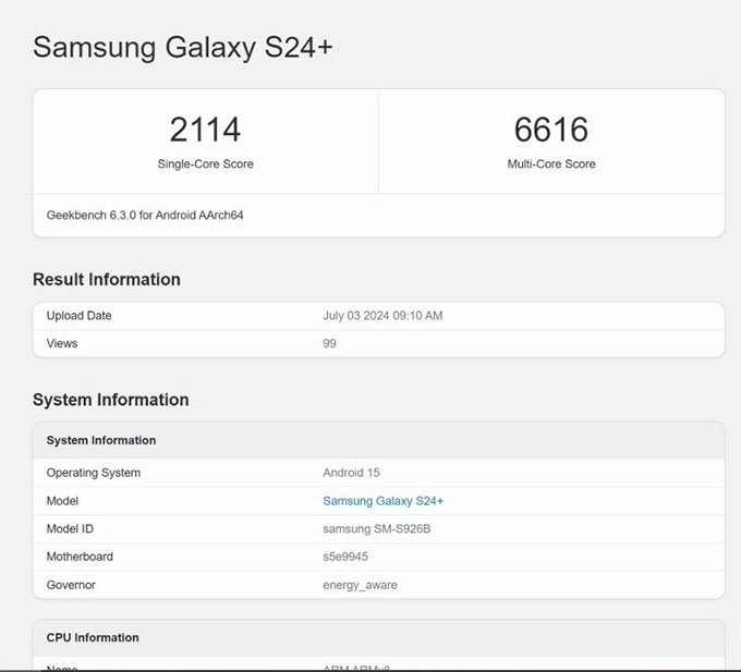 Samsung Galaxy S24 Plus được phát hiện trên Geekbench với Android 15 và One UI 7