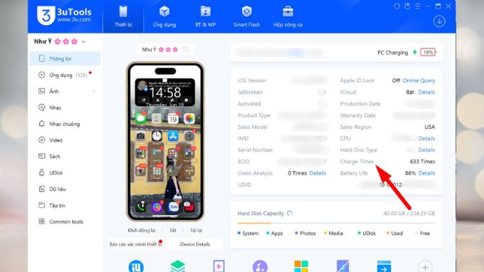 Kiểm tra chu kỳ sạc bằng phần mềm 3uTools trên máy tính Windows b3
