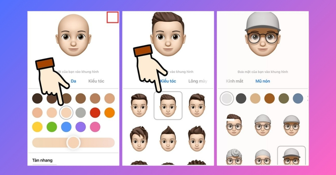 Tùy chỉnh khuôn mặt Memoji với màu da, kiểu tóc và phụ kiện