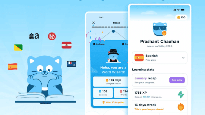Giao diện học ngoại ngữ trên Airlearn