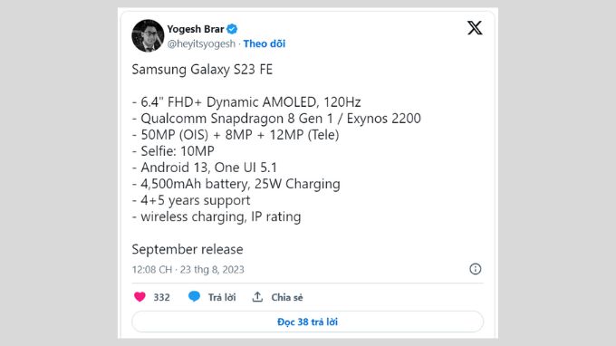 Thông số kỹ thuật của Samsung Galaxy S23 FE